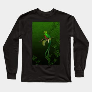 Exotic Quetzal Bird on Green Floral Long Sleeve T-Shirt